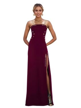 Elegant Burgundy Grommet-Detail Evening Gown